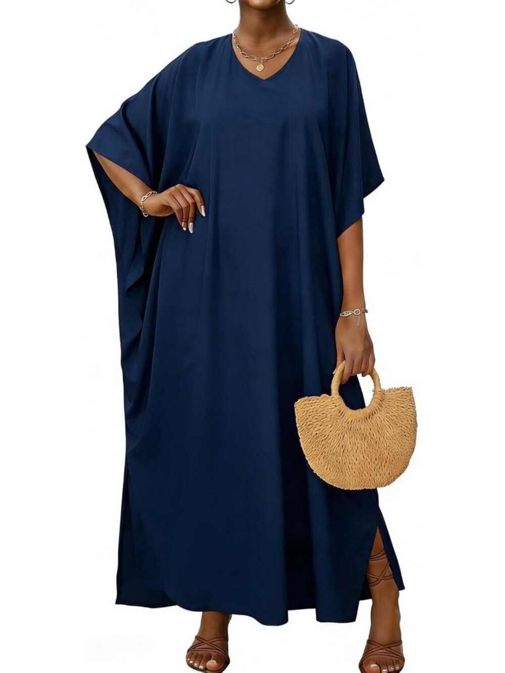 〽️Women Navy Blue Plus Size V Neck Caftan Long Batwing Sleeve Swimsuit Cover Up